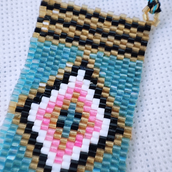 Light Blue Pink Black White Seed Bead Vintage Corded Slide Necklace Loom Work - Picture 9 of 12